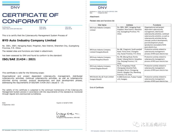 商用车第一张！比亚迪聚焦车辆网络安全获颁ISO/SAE 21434认证证书